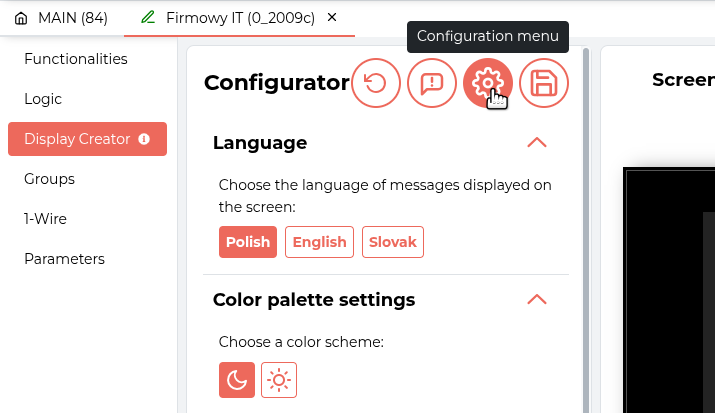 Configuration menu