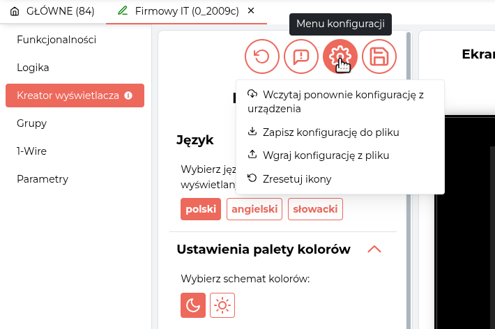 Menu konfiguracji